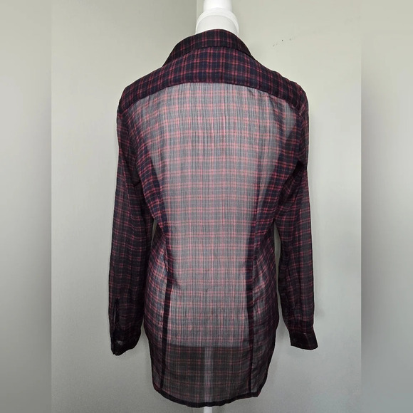 American Eagle Sheer Long Sleeve Ruffle Plaid Blouse - Picture 6 of 8